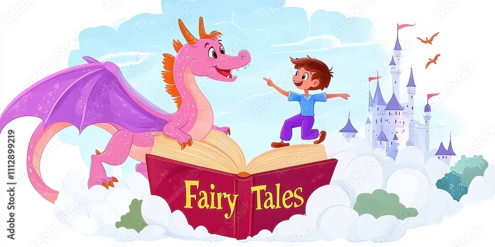Obraz premium Magical purple dragon emerges from open fairy tale book while smiling child stands watching. Pink castle floats in cloudy sky background. Children enchanting story or legend reading experience.