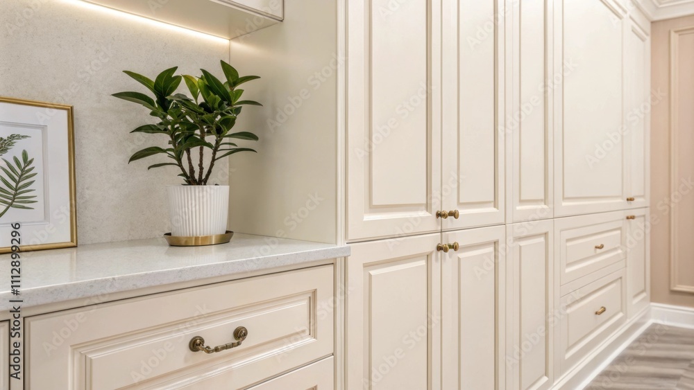 Elegant setting with smooth white cabinetry along a soft cream wall featuring a single vibrant houseplant on a shelf contributing a subtle yet striking element of nature to Elegant setting with smooth white cabinetry along a soft cream wall featuring a single vibrant houseplant on a shelf contributing a subtle yet striking element of nature to