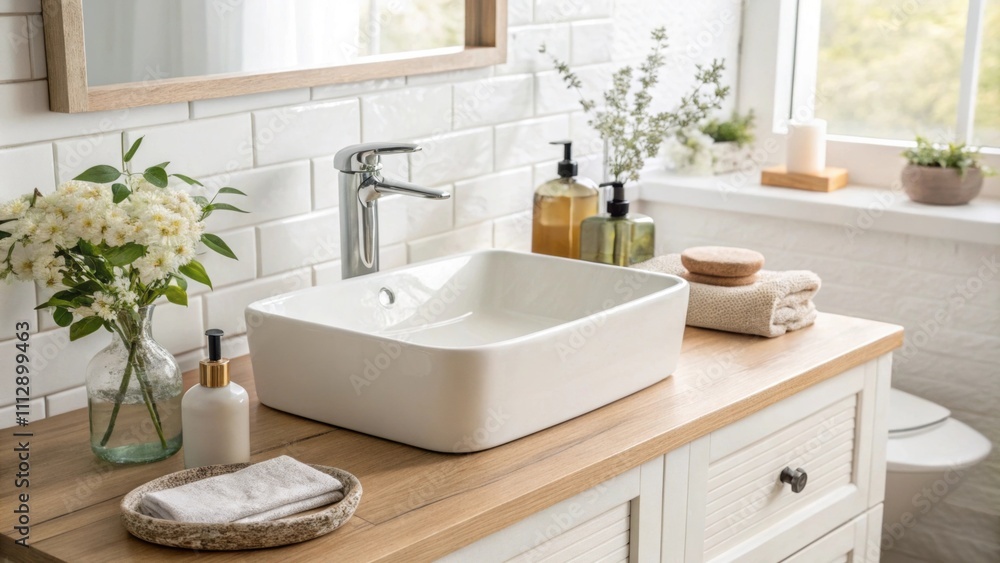 A bright and inviting bathroom that includes a ceramic rectangular sink on a floating vanity accentuated by soft natural light filtering in highlighting the fresh and modern A bright and inviting bathroom that includes a ceramic rectangular sink on a floating vanity accentuated by soft natural light filtering in highlighting the fresh and modern