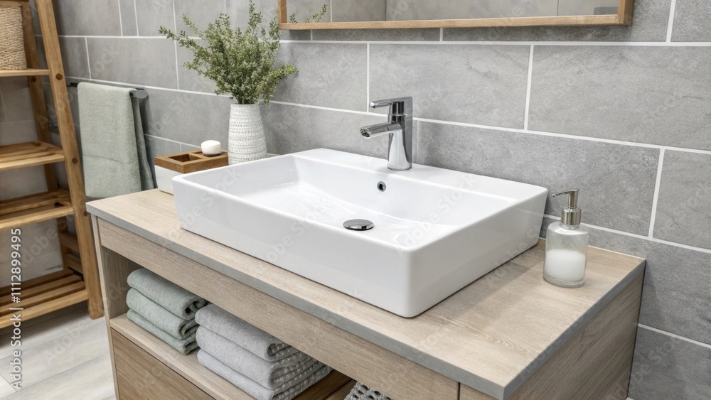 Fototapeta premium A contemporary bathroom interior highlighting a smooth rectangular sink with a backdrop of gentle gray tiles that create a serene and neat appearance.