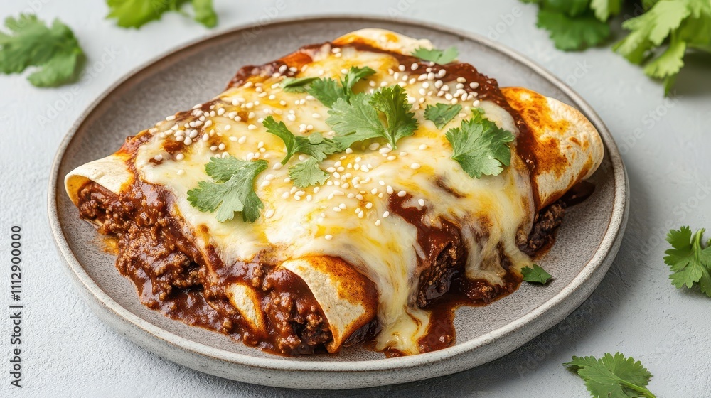 A beautifully plated serving of enchiladas topped with melted cheese and a rich mole sauce A beautifully plated serving of enchiladas topped with melted cheese and a rich mole sauce