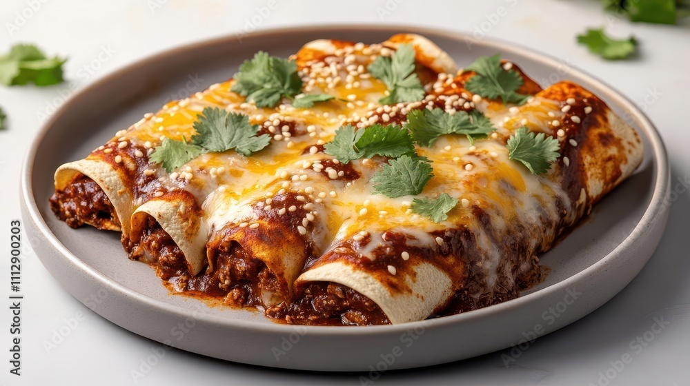 A beautifully plated serving of enchiladas topped with melted cheese and a rich mole sauce A beautifully plated serving of enchiladas topped with melted cheese and a rich mole sauce