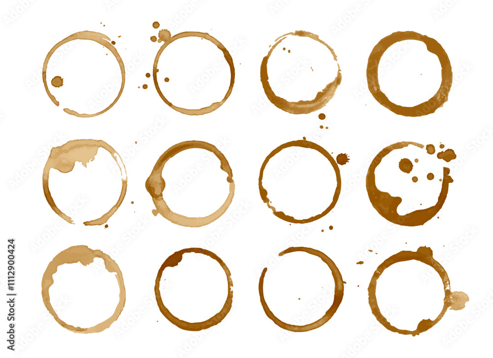 Coffee stain. Black coffee rings on surface. Brown tea spots spilling from cup. Grunge circle stamps. Decorative drink drops and stains. Liquid stain frame. Vector set Coffee stain. Black coffee rings on surface. Brown tea spots spilling from cup. Grunge circle stamps. Decorative drink drops and stains. Liquid stain frame. Vector set