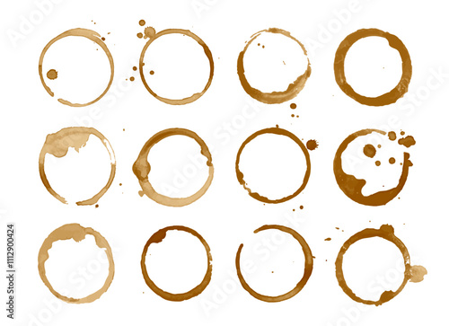 Coffee stain. Black coffee rings on surface. Brown tea spots spilling from cup. Grunge circle stamps. Decorative drink drops and stains. Liquid stain frame. Vector set