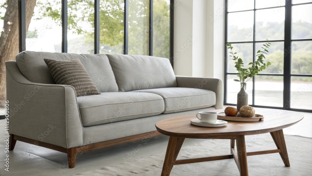 A contemporary minimalist space showcasing a streamlined gray sofa and an elegant wooden coffee table enhanced by a large window that fills the room with brightness and an A contemporary minimalist space showcasing a streamlined gray sofa and an elegant wooden coffee table enhanced by a large window that fills the room with brightness and an