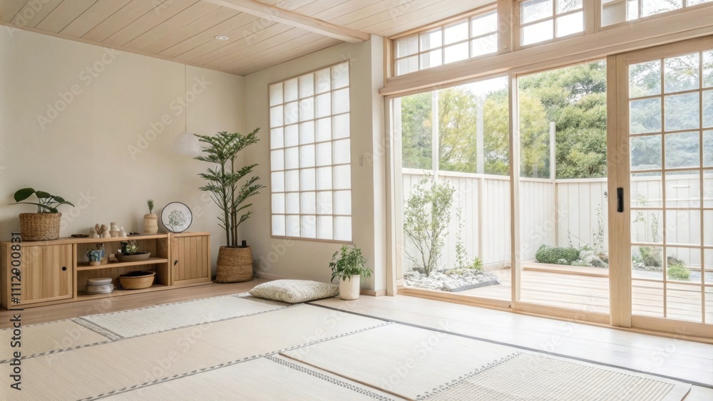 Fototapeta premium A serene openplan area featuring pale walls and large windows that let in natural light. Simple decorative elements in wood and a few potted plants enhance the minimalist