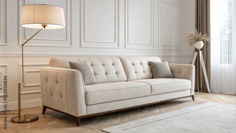 Fototapeta premium An airy open living room that merges a futuristic profile sofa with a minimalistic floor lamp. The combination of soft textures and sharp angles creates a harmonious balance