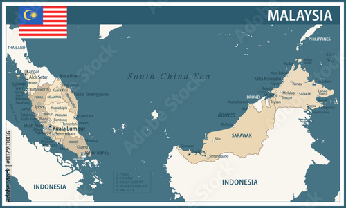 Malaysia Map Vector Vintage Dark Blue Beige - Customizable layered political map of Malaysia with administrative divisions for website, education, reports, news, politics, print, poster and wallpaper