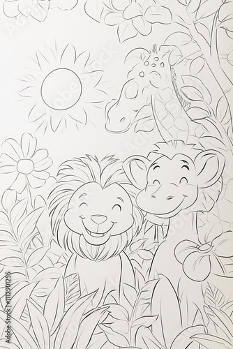 Playful cartoon animals, a lion and a monkey, smiling in a lush jungle scene with a sun and a giraffe in the background.