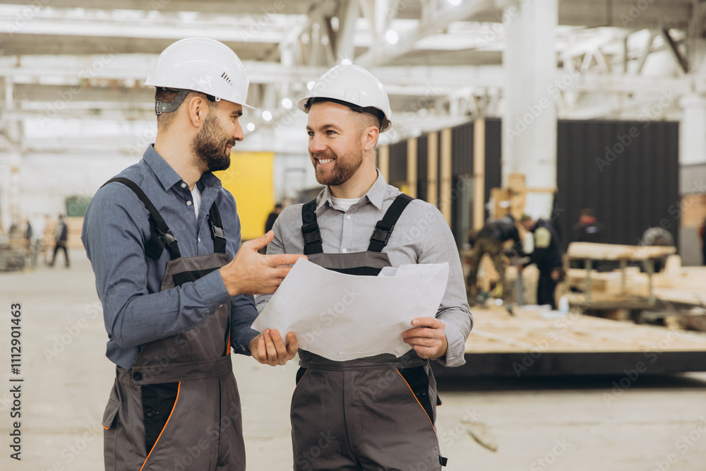Engineers discussing blueprint in modular building factory Engineers discussing blueprint in modular building factory