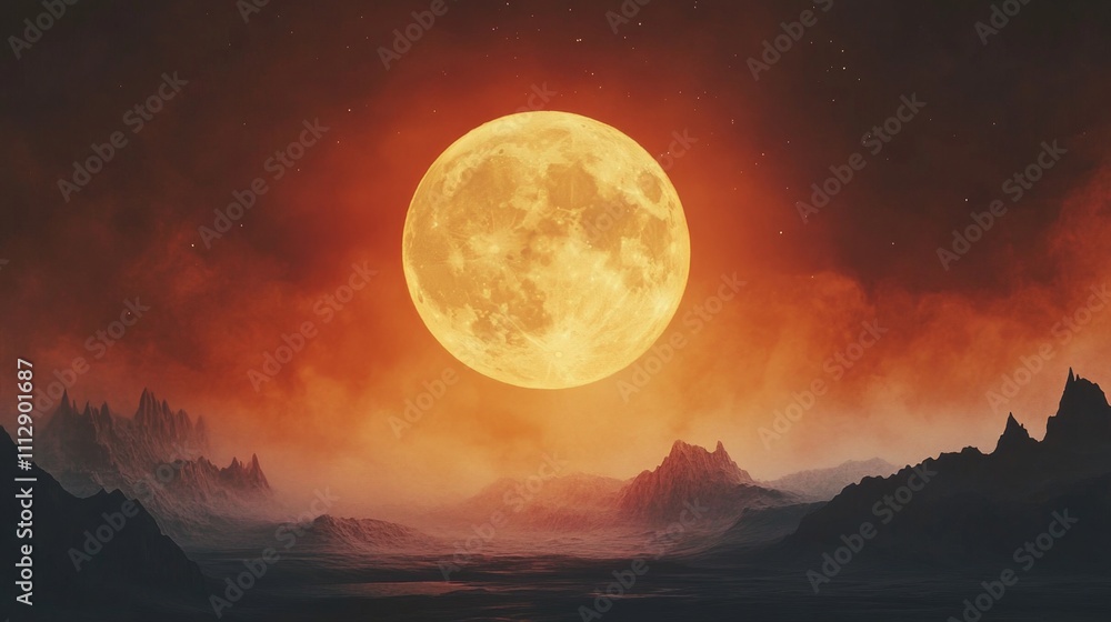 Crimson Night Sky A Giant Orange Moon Over Misty Mountains