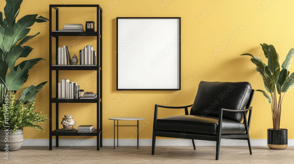 A sleek coffee table sits at the center, adding functionality and style to the space. The room’s backdrop is accented with a vibrant blue and yellow wall, creating a contemporary, energetic atmospher A sleek coffee table sits at the center, adding functionality and style to the space. The room’s backdrop is accented with a vibrant blue and yellow wall, creating a contemporary, energetic atmospher
