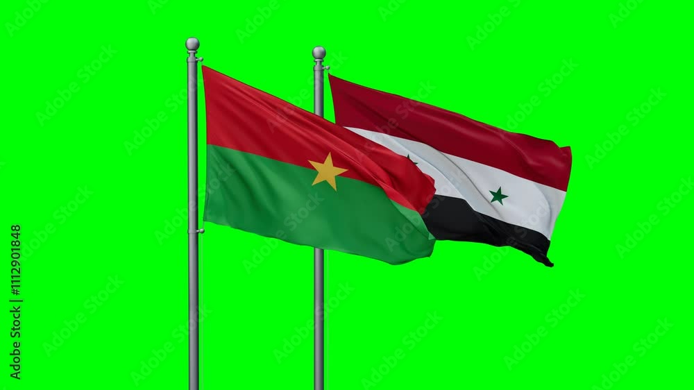 Syrian Arab Republic, Syria and Burkina Faso flags flying together, video concept of the relationship with colored chroma key for easy background remove, two country cooperation concept Syrian Arab Republic, Syria and Burkina Faso flags flying together, video concept of the relationship with colored chroma key for easy background remove, two country cooperation concept