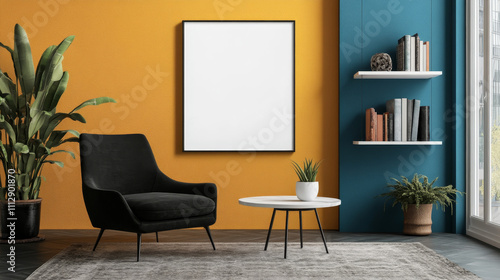  A sleek coffee table sits at the center, adding functionality and style to the space. The room’s backdrop is accented with a vibrant blue and yellow wall, creating a contemporary, energetic atmospher photo