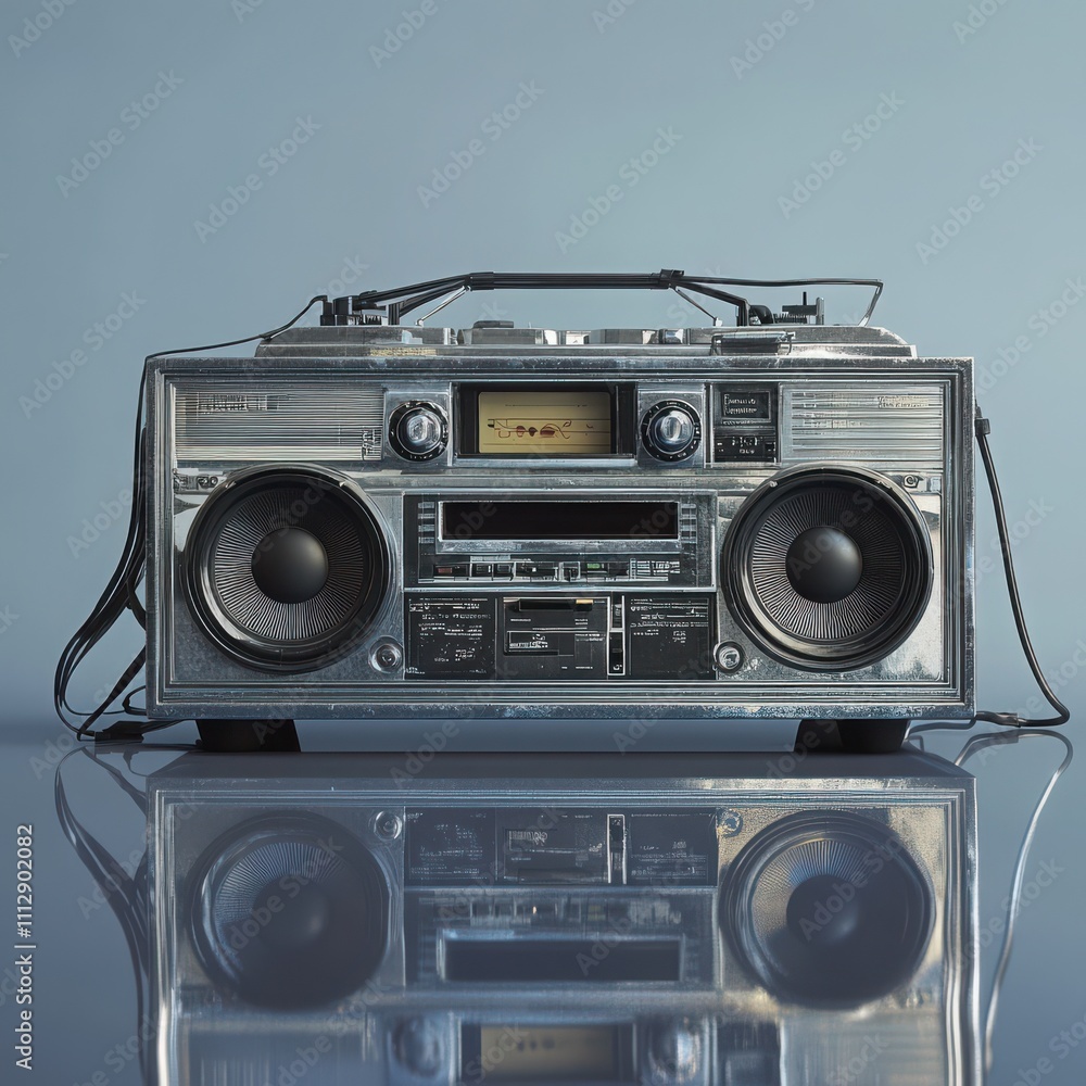 Obraz premium A vintage silver boombox with large speakers and cassette player sits on a reflective surface