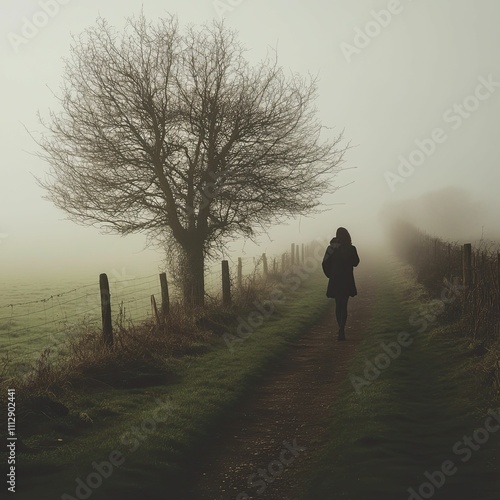 Solitary figure walks foggy path, bare tree.