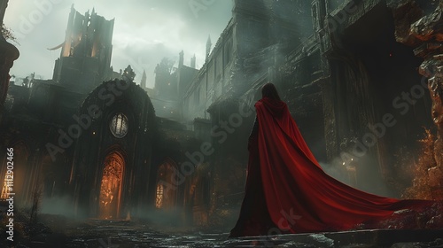 Sorceress with cape and a wetlook alone in her castle photo