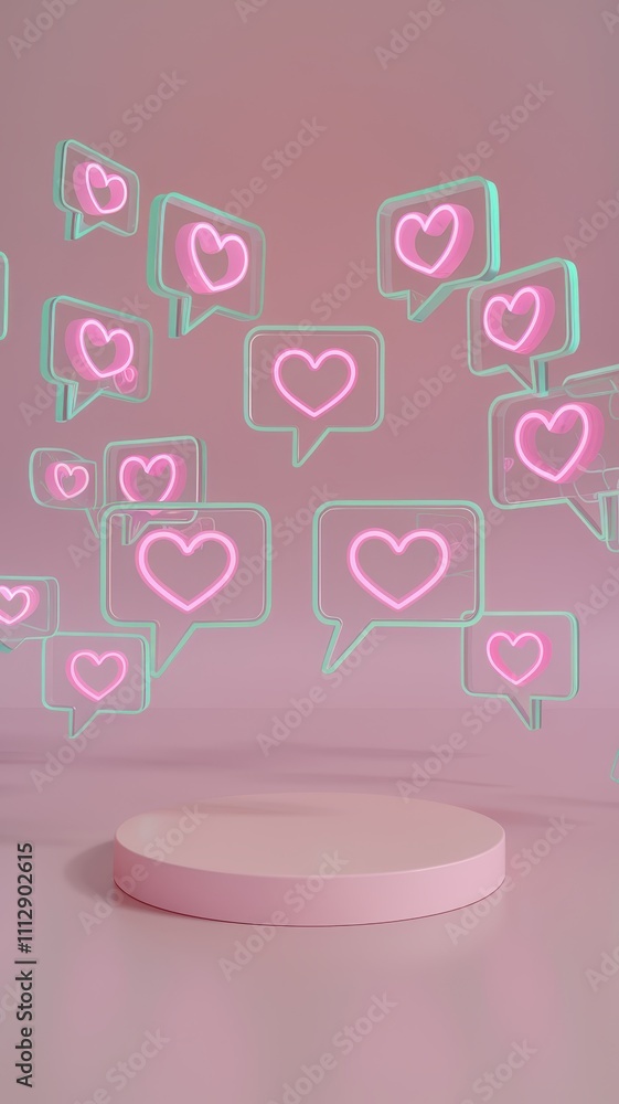 Floating Pink Speech Bubbles with Hearts on Neutral Gray Backdrop Floating Pink Speech Bubbles with Hearts on Neutral Gray Backdrop