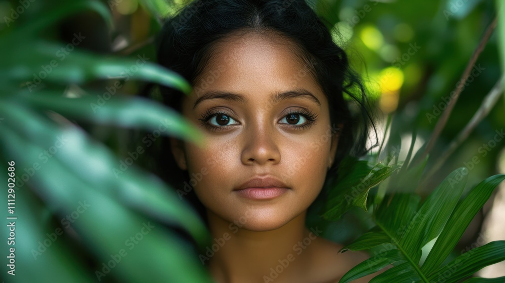 Serene Woman with Striking Eyes Amidst Lush Green Foliage