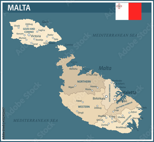 Malta Map Vector Vintage Dark Blue Beige - Customizable layered political map of Malta with administrative divisions for website, education, reports, news, politics, print, poster and wallpaper