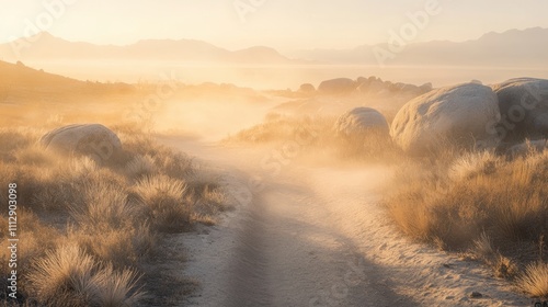 Golden Hour Sunrise Over Serene Dusty Desert Path