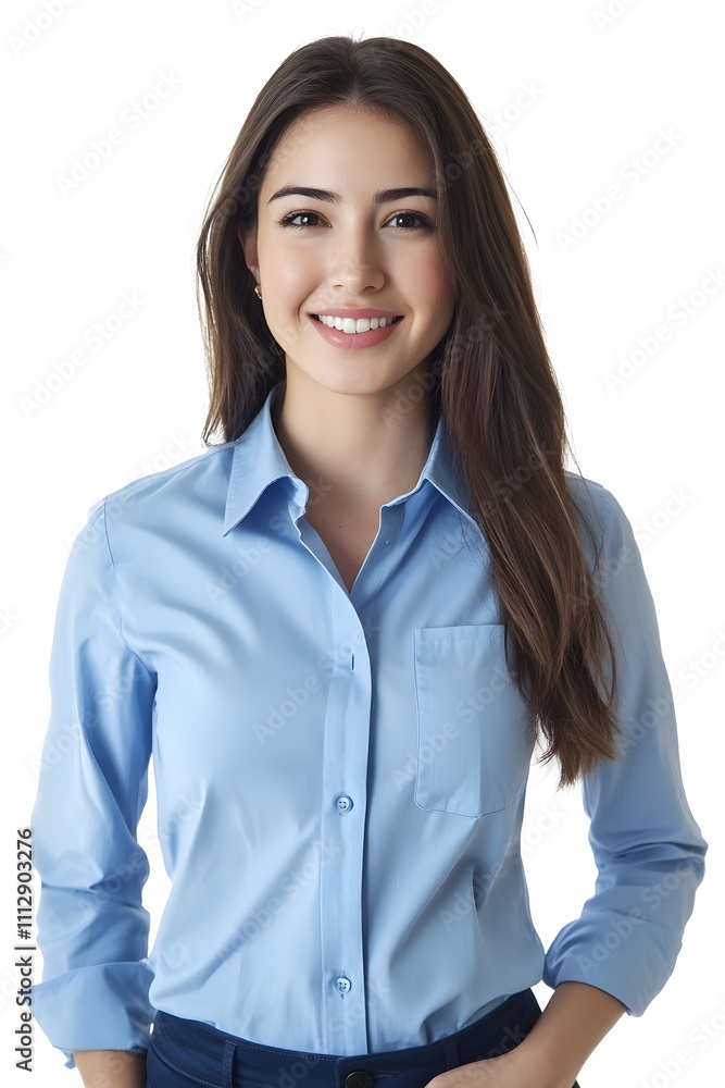 Stylish young woman wearing a blue office shirt smiling on white background Stylish young woman wearing a blue office shirt smiling on white background