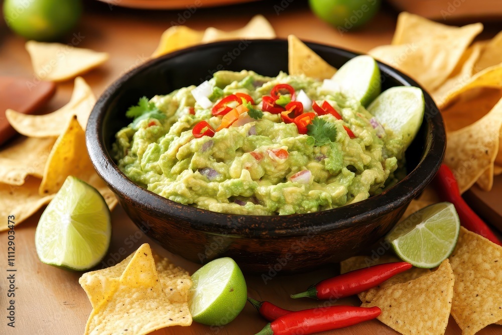 A molcajete filled with freshly made guacamole A molcajete filled with freshly made guacamole