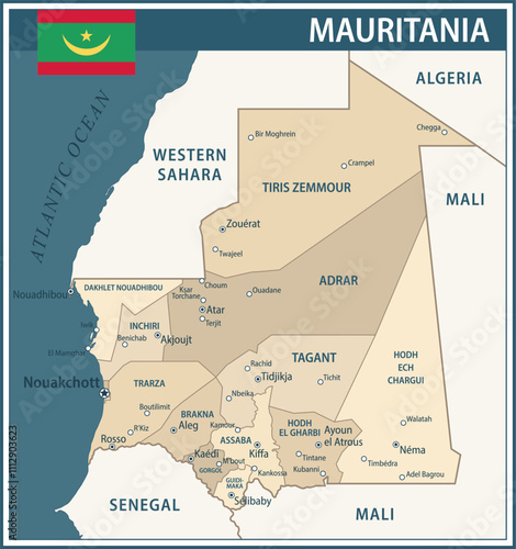 Mauritania Map Vector Vintage Dark Blue Beige - Customizable layered political map of Mauritania with administrative divisions for website, education, reports, news, politics, print, poster