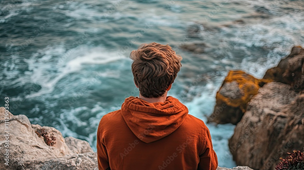 Fototapeta premium Person in orange hoodie overlooking ocean waves.