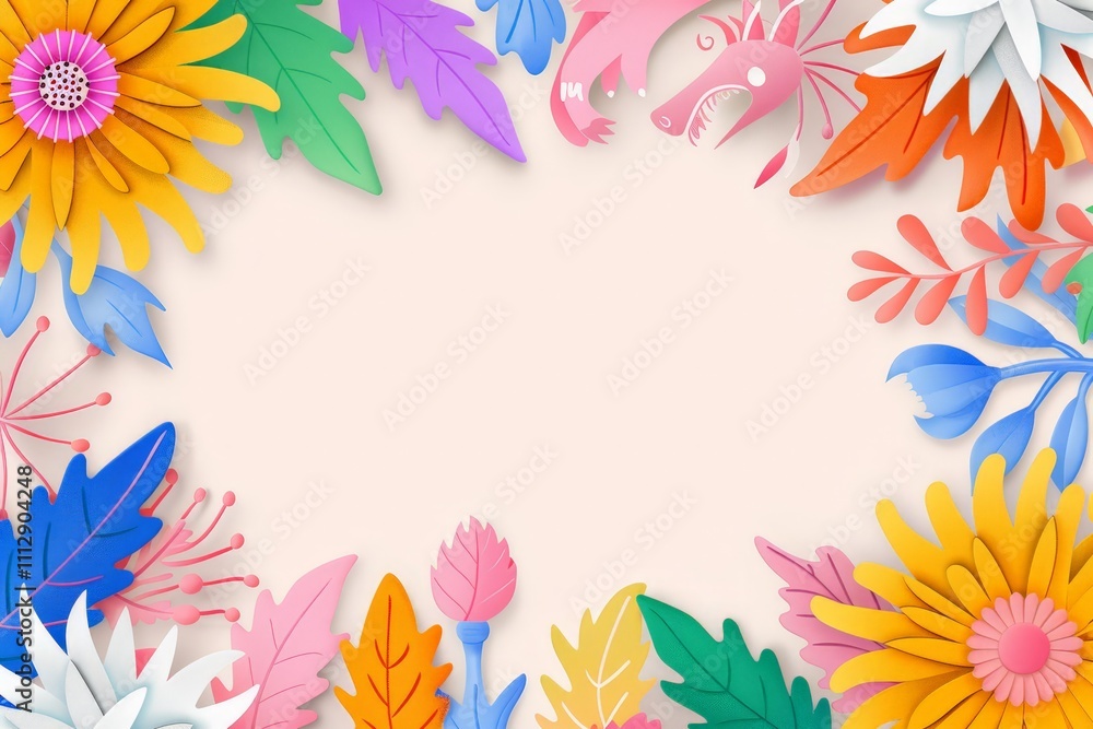 A vibrant floral arrangement of paper art flowers and leaves in various colors, creating a frame on a beige background. A vibrant floral arrangement of paper art flowers and leaves in various colors, creating a frame on a beige background.