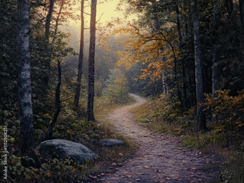 Obraz premium Autumnal forest path, winding, leaves strewn.