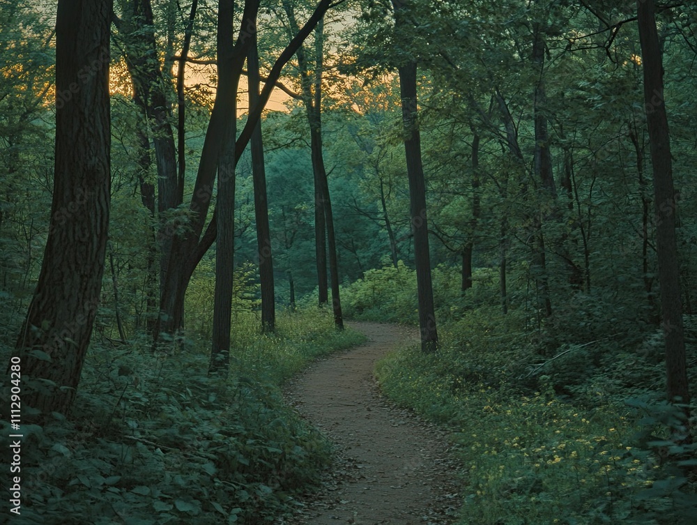 Fototapeta premium Sunset path winding through verdant forest.