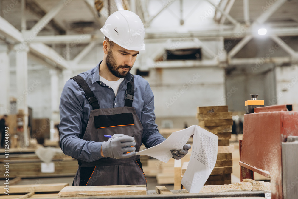 Carpenter reading blueprint in lumber processing factory for modular building Carpenter reading blueprint in lumber processing factory for modular building