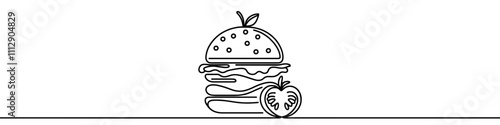 One continuous line illustration of a hamburger, isolated on white background. Line art of hamburger
