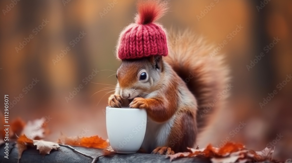 Fototapeta premium Adorable Red Squirrel in a Knit Hat Sipping from a Mug Amidst Autumn Leaves