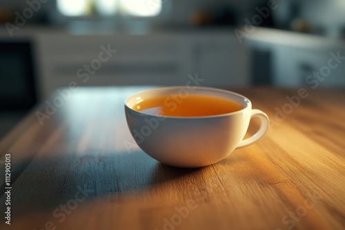 Steaming cup of herbal tea rests on a wooden table in a sunlit kitchen, evoking warmth and tranquility during a cozy afternoon ritual with hints of spice