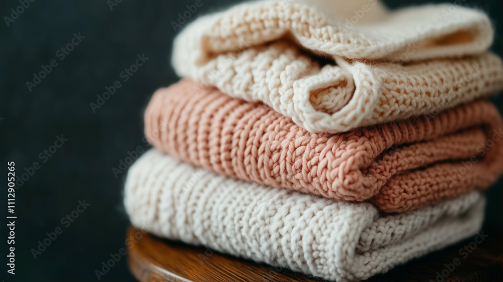 Knitted blankets stacked on wooden table showcasing soft textures and cozy colors for hobbies and leisure pursuits Knitted blankets stacked on wooden table showcasing soft textures and cozy colors for hobbies and leisure pursuits