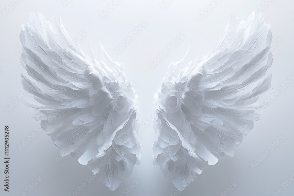 Obraz premium Angel wings hyper detailed 3D render white feathers symmetrical ethereal