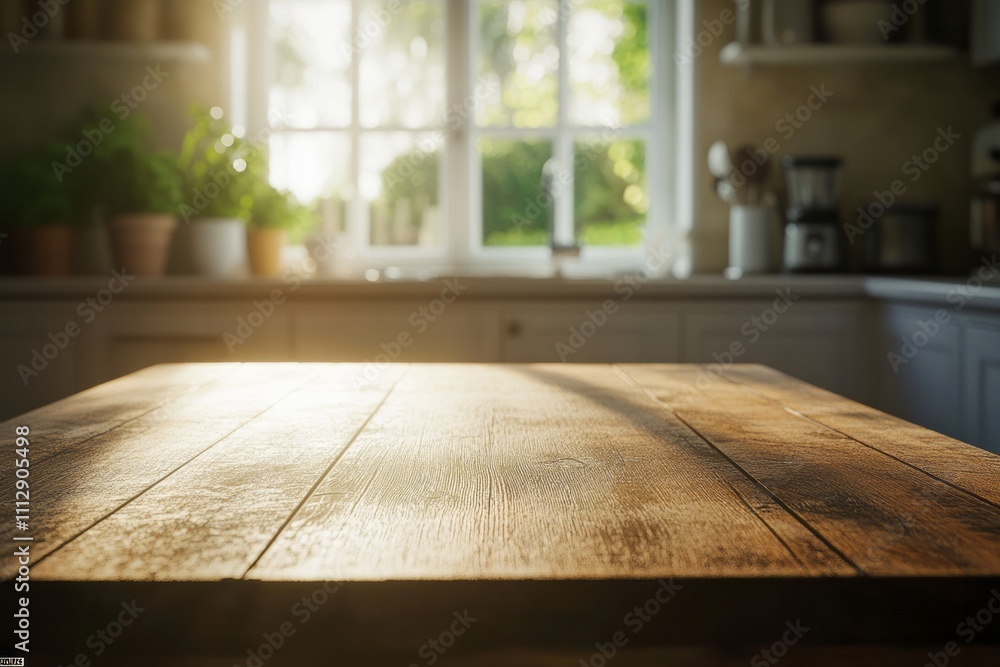 Sunlight streams through a cozy kitchen window, illuminating a rustic wooden table amidst a serene morning atmosphere Sunlight streams through a cozy kitchen window, illuminating a rustic wooden table amidst a serene morning atmosphere