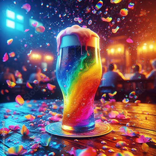 Rainbow colored beer and flower petals in pub