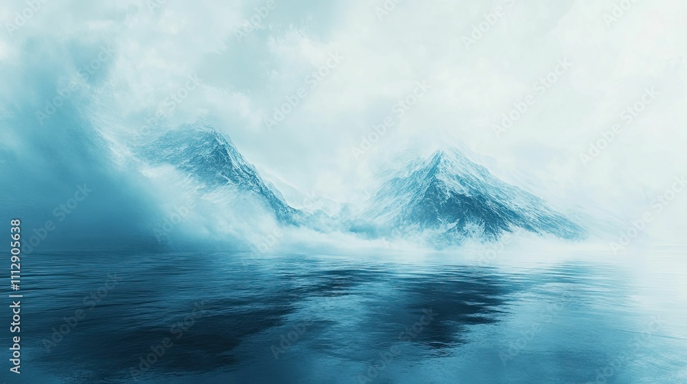 Misty, snow-capped mountains reflected in calm water. Misty, snow-capped mountains reflected in calm water.