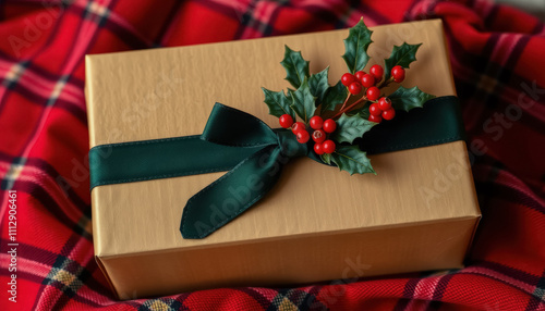 A beautifully wrapped gift box placed on a red plaid fabric. The gift box is wrapped in gold paper and adorned with a dark green ribbon tied into a bow.
