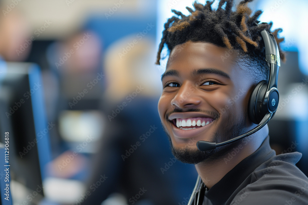 Cheerful Call Center Employee Smiling in a Busy Office Cheerful Call Center Employee Smiling in a Busy Office