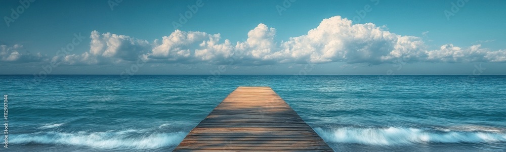 Obraz premium Wooden pier extending into the ocean with waves, space for text
