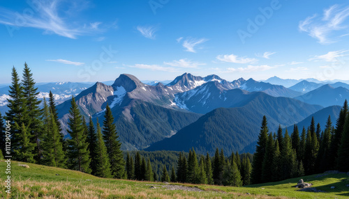 Majestic mountain ranges basking in sunlight with towering evergreens in the foreground