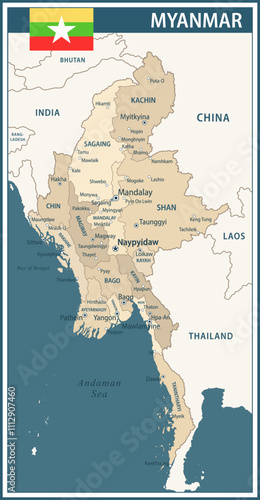 Myanmar Map Vector Vintage Dark Blue Beige - Customizable layered political map of Myanmar with administrative divisions for website, education, reports, news, politics, print, poster and wallpaper