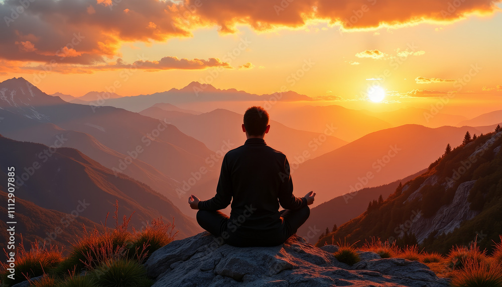 Meditating at sunset with breathtaking mountain views in tranquil nature Meditating at sunset with breathtaking mountain views in tranquil nature