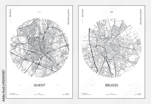 Travel poster, urban street plan city map Ghent and Bruges, vector illustration