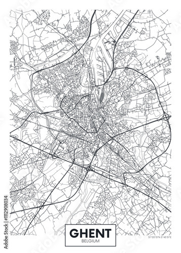 City map Ghent, detailed urban planning travel vector poster design