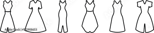 Women dresses icon in line set. Female fashion cloth collection. Vector for apps or web models sheath and bodycon, tent, empire or strapless. Halter, playsuit isolated on transparent background